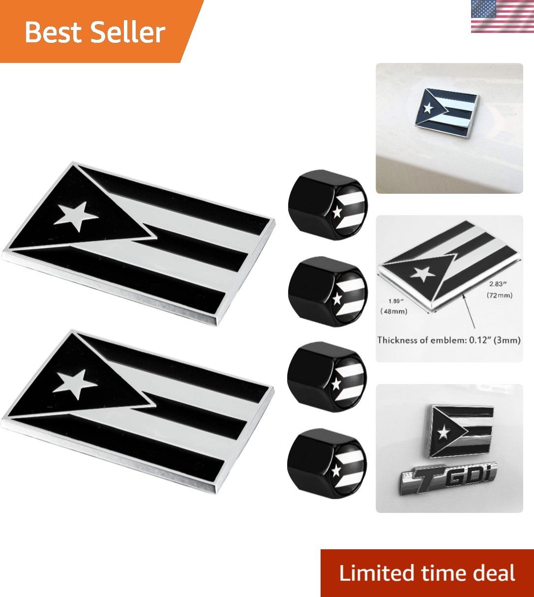 Patriotic 2-Pack Puerto Rico Flag Auto Emblems & Valve Stem Caps – Easy Apply!