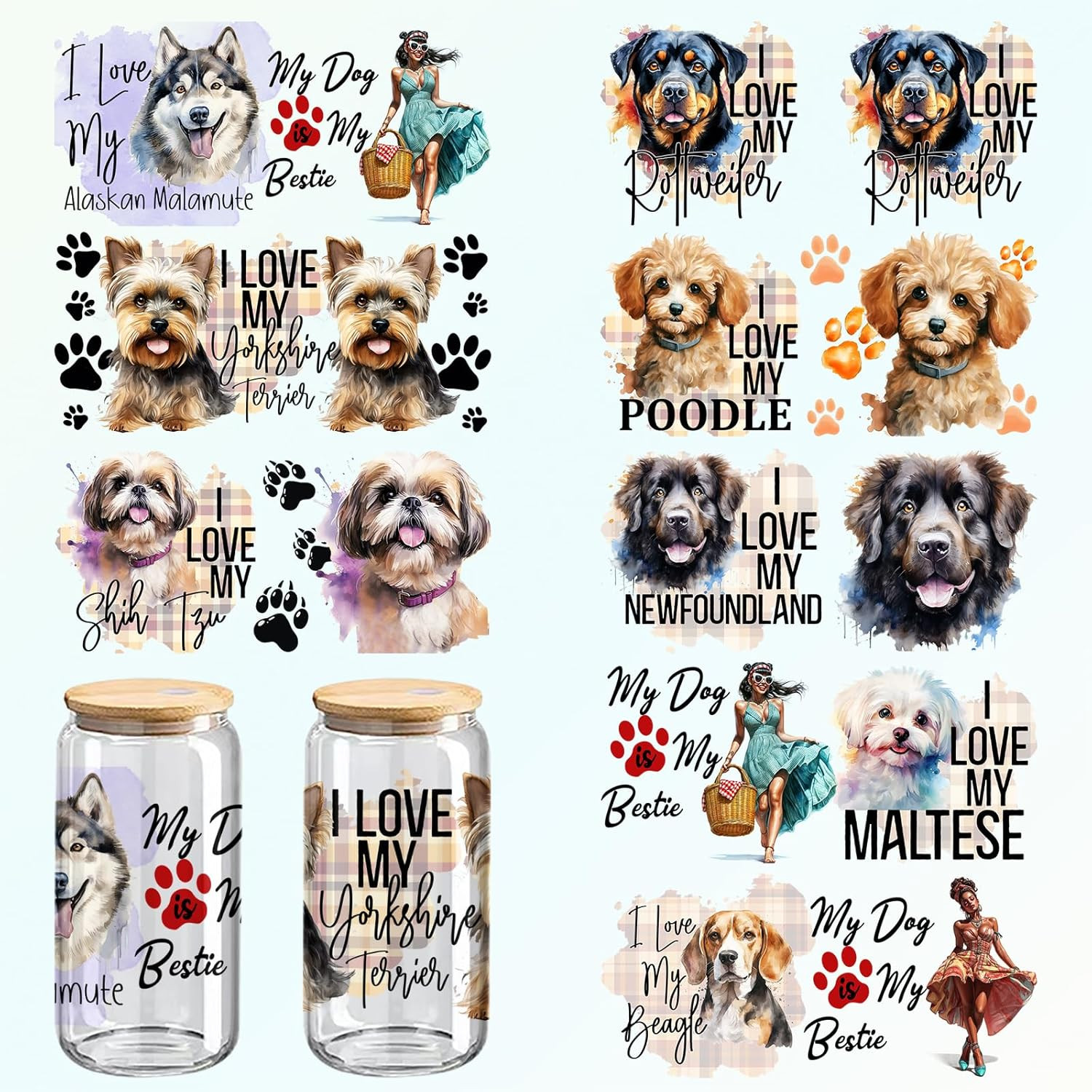 UV DTF Cup Wraps, 8 Sheets Dog Cup Stickers for 16 Oz Glass Cup, Wood Craft Supp
