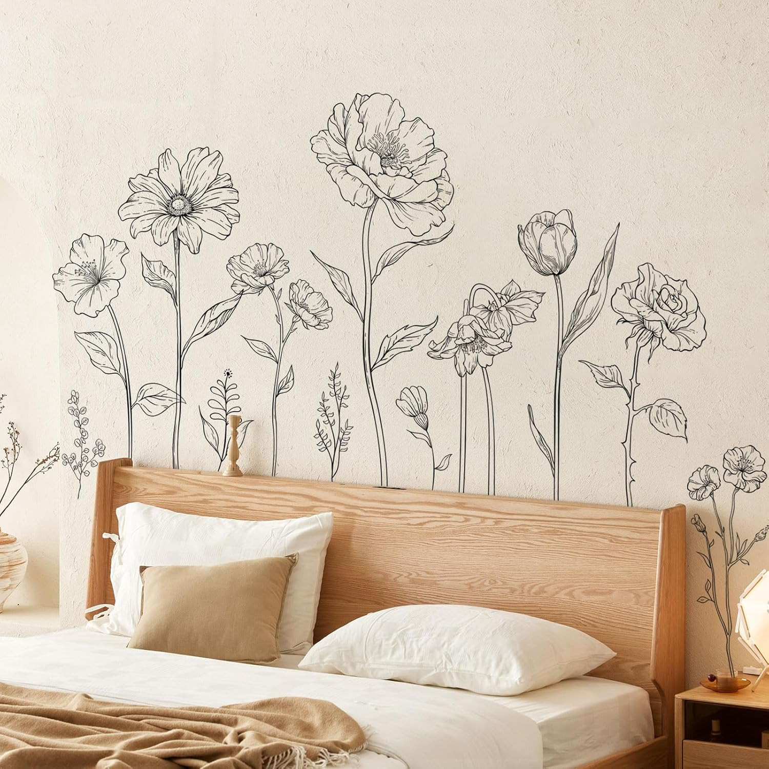 Large Black Boho Flower Wall Decals, 3 Sheets Simple Sketch Floral Wall