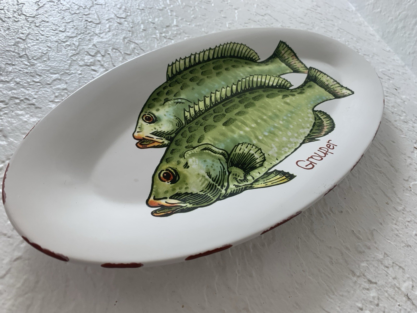 Mud Pie Grouper Design Oval Shape 13”x 6” Wall Hanging Ceramic Green Fish Dish