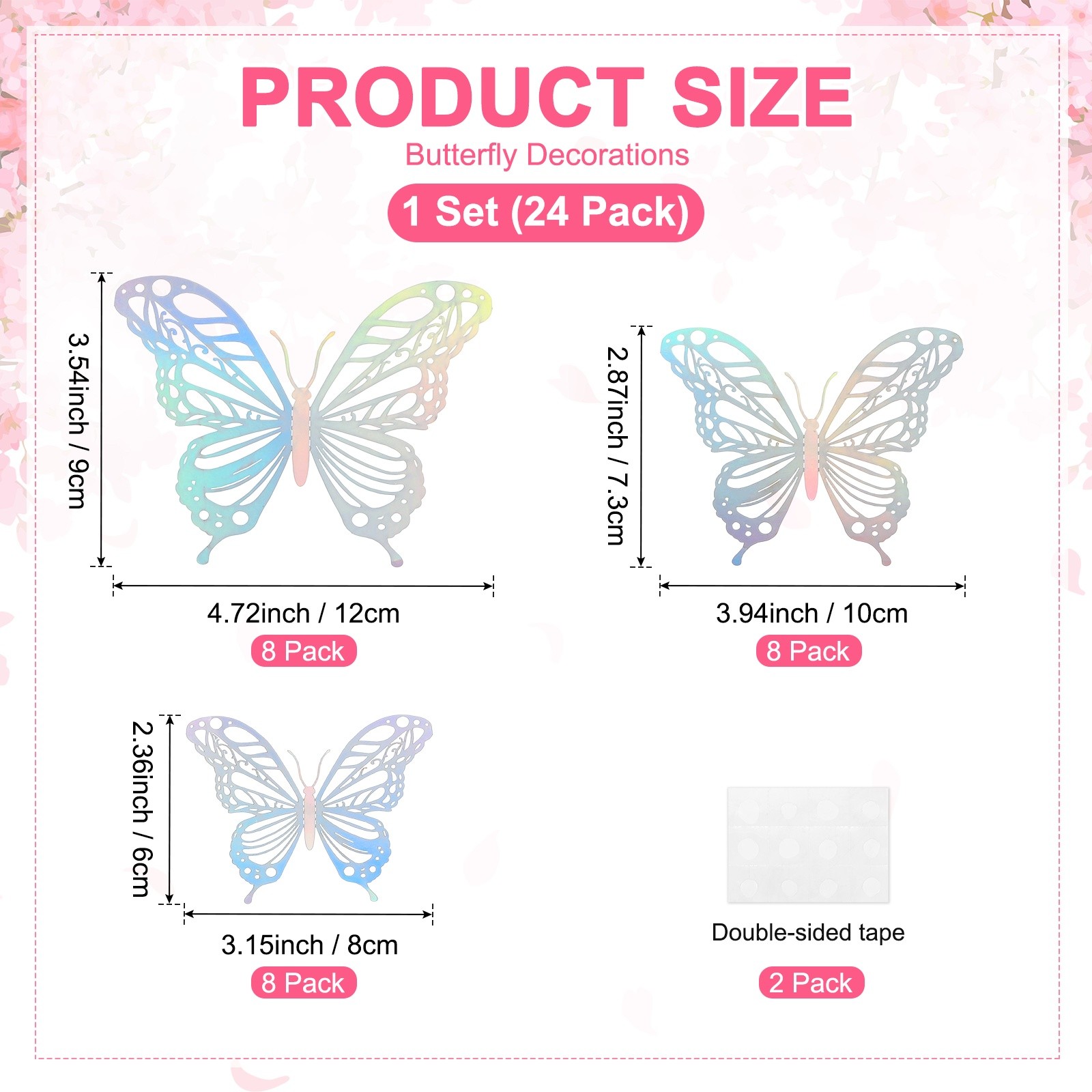 24 Pack 3D Butterflies Wall Stickers [Iridescent Laser, 3 Sizes]