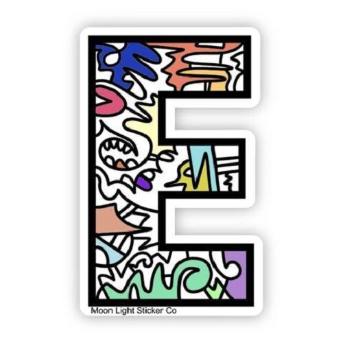Initial Alphabet Letter “E” Vinyl Sticker Colorful MultiColor Dishwasher Safe 3″