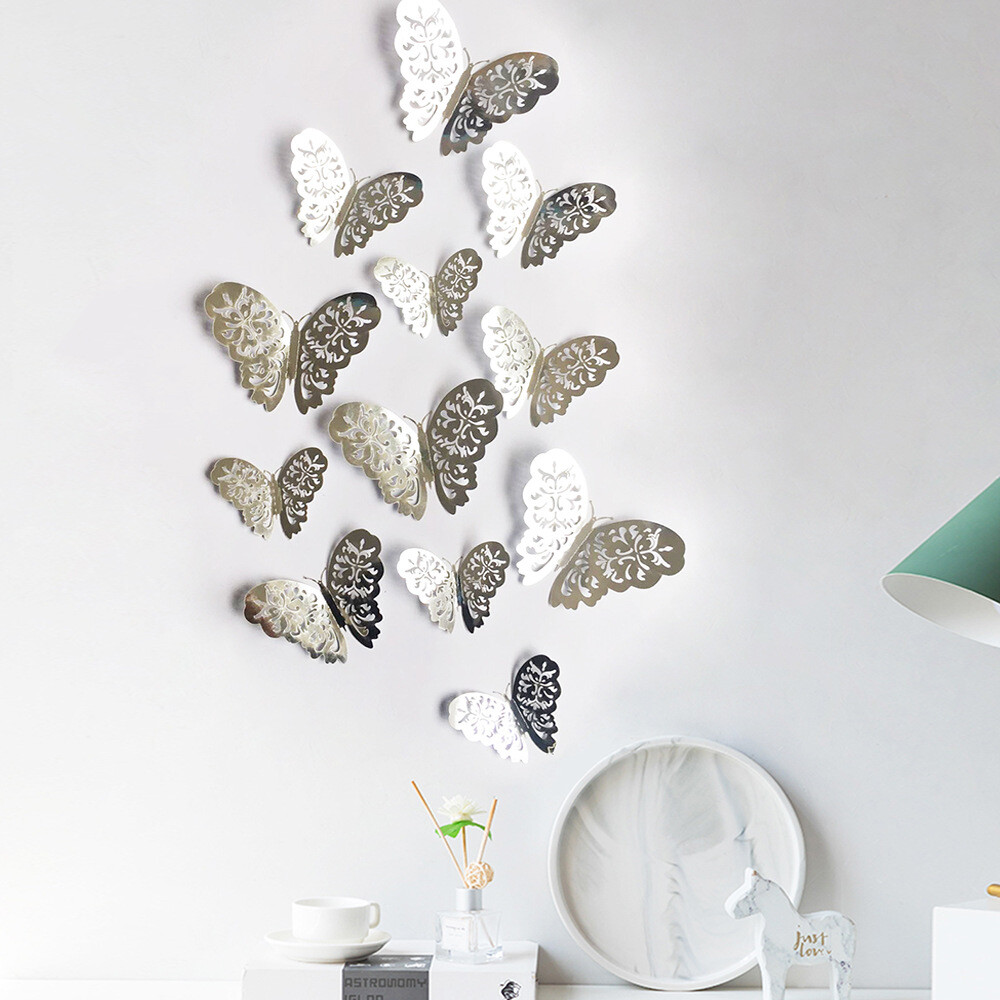 12 pcs 3d silver butterfly wall decor, party, wedding, diy