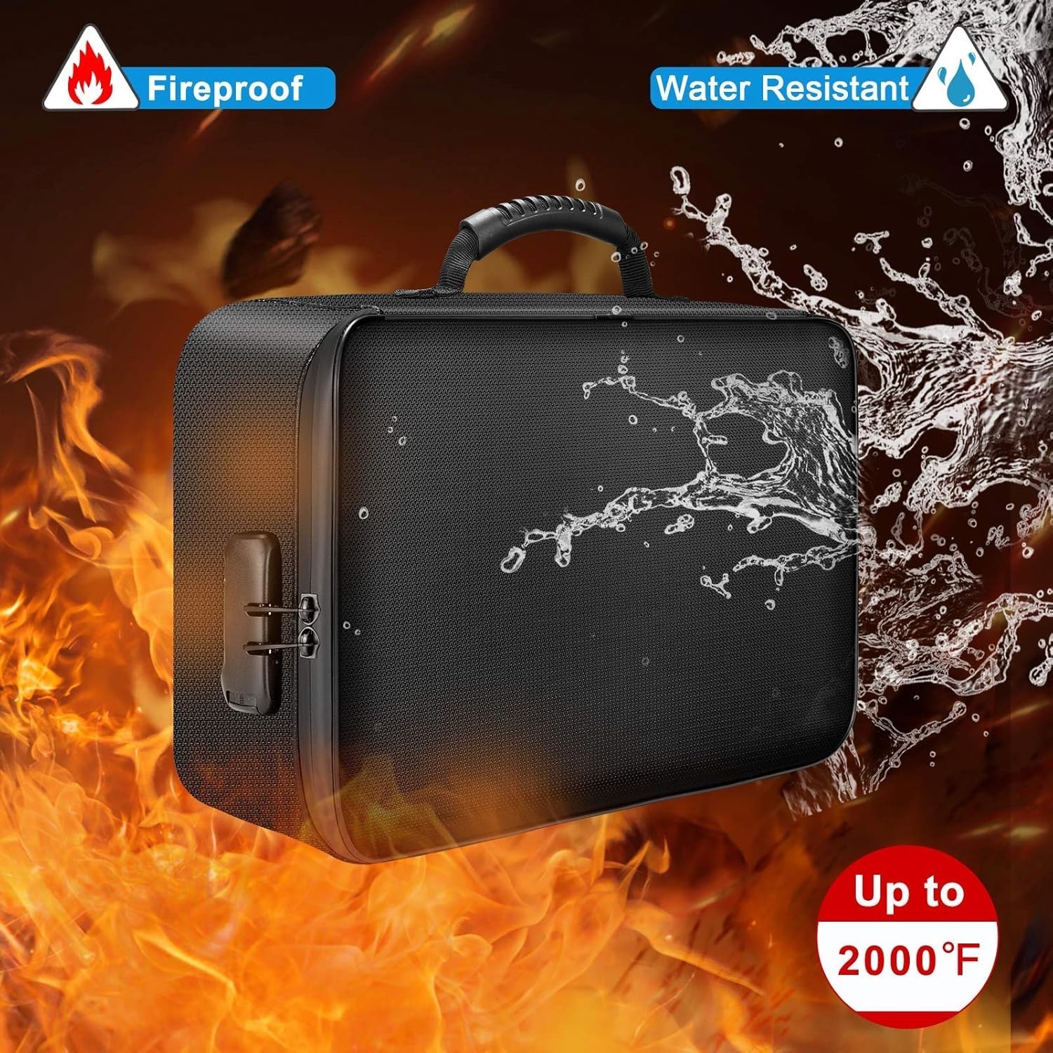 Document Bag with Lock,Fireproof 3-Layer File Storage Case with Water-Resistant