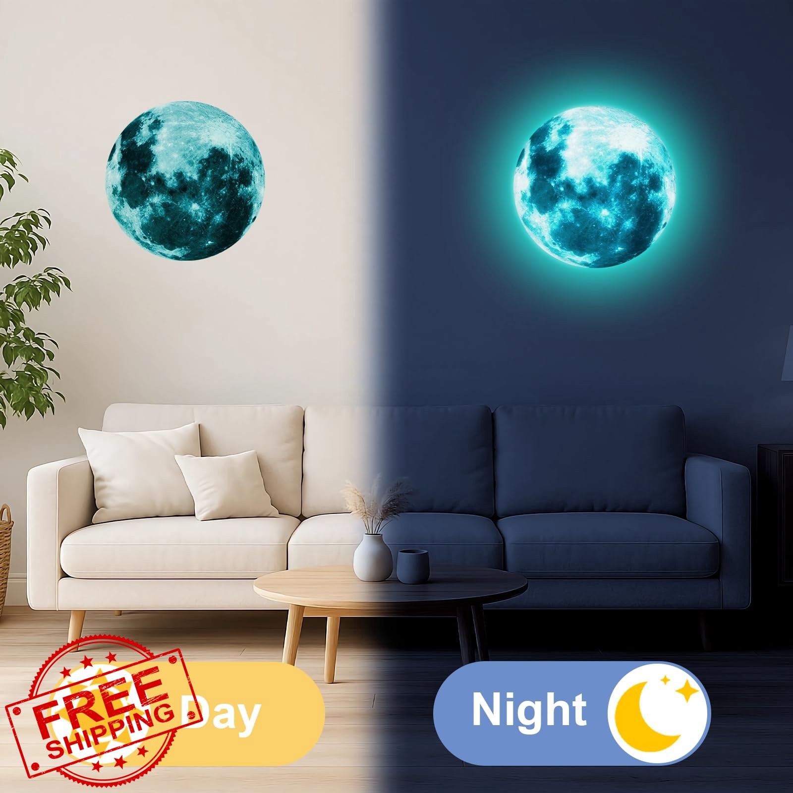uxcell Glow Green Moon Sticker Ceiling Wall Decor Decal 40cm