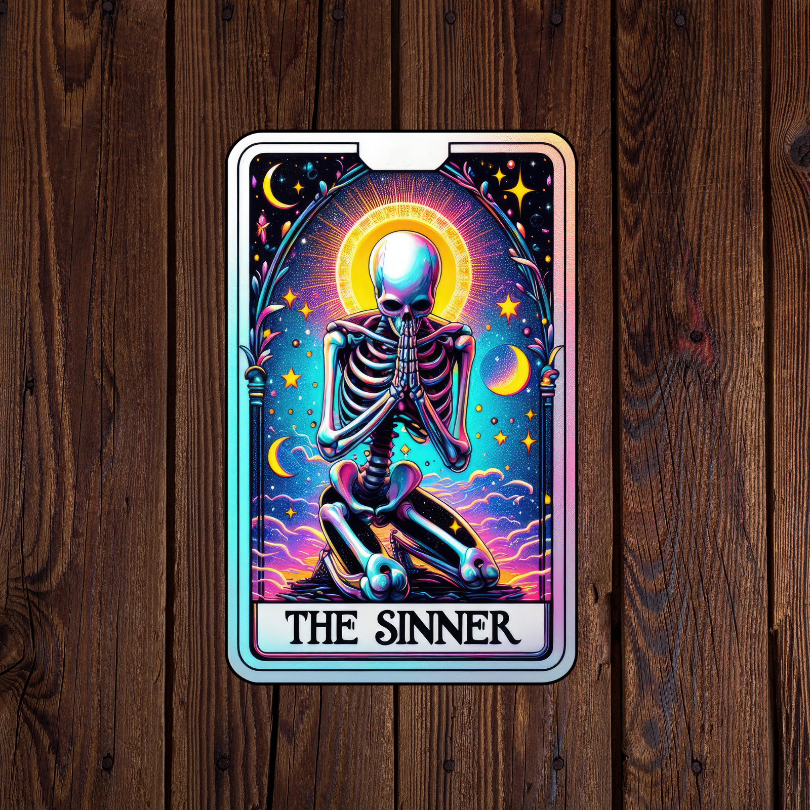Tarot card sticker vinyl decal the sinner skeleton moon stars laptop mug