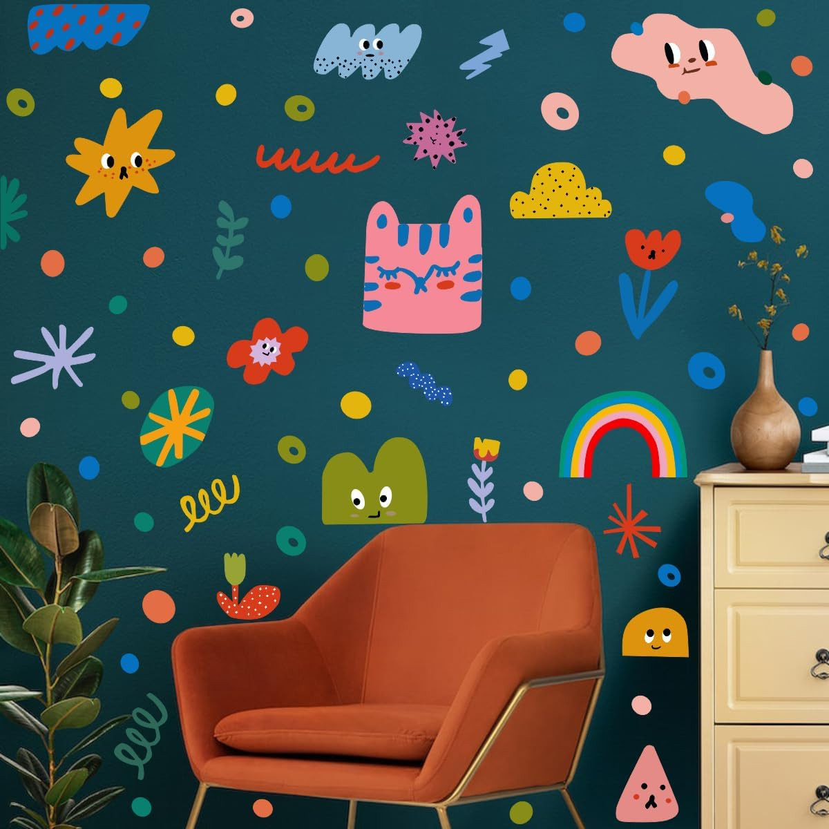 Colorful Abstract Shape Wall Stickers, Lovely Smile Clouds Rainbow Irregular Dot