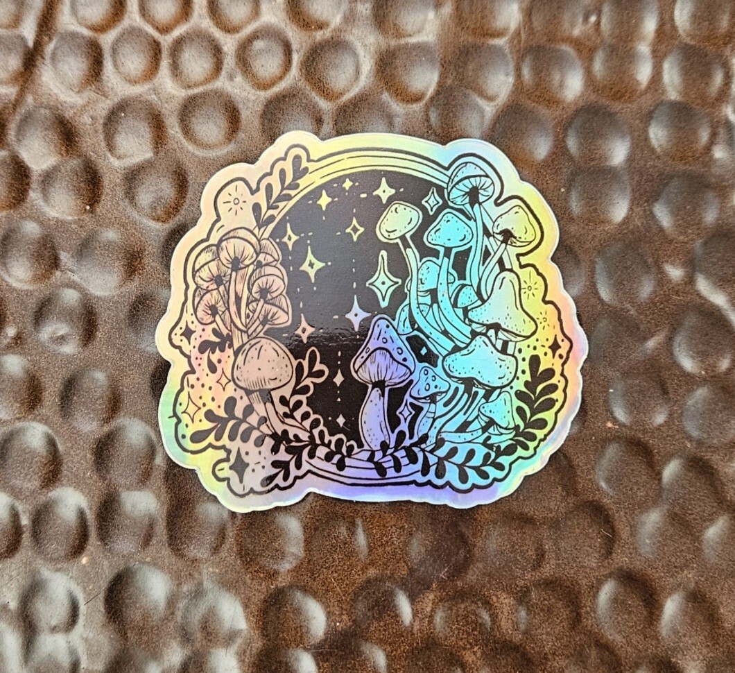 MAGIC MUSHROOMS Die Cut Holographic Sticker Vinyl UV AND WEATHER RESISTANT 3″