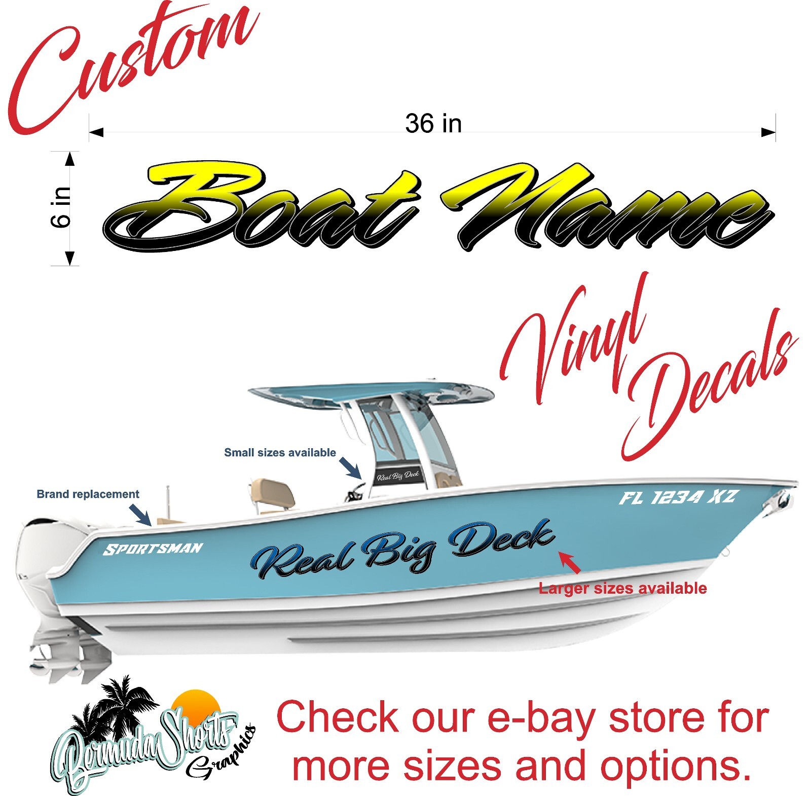 Boat Name Decal 6×36″ / Custom Hull Graphic / Premium Marine Vinyl Lettering GRB