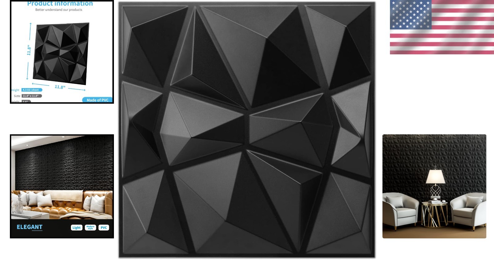 Elegant 3D Diamond Wall Panels – Matte Black, Art Deco Design, 33 Pack