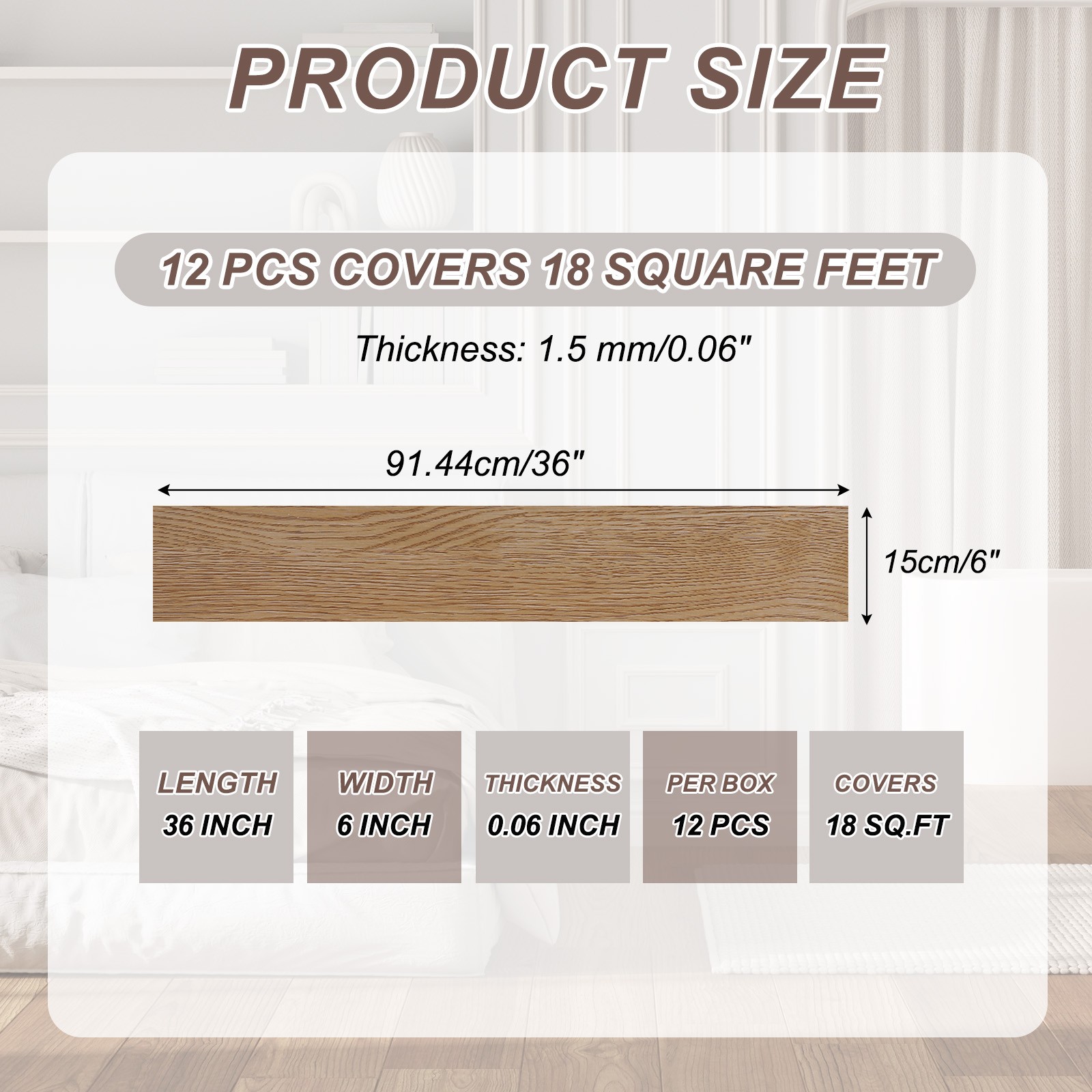 12pcs Peel and Stick Floor Tile 36 x 6″ PVC Wood Plank Flooring,Light Gray