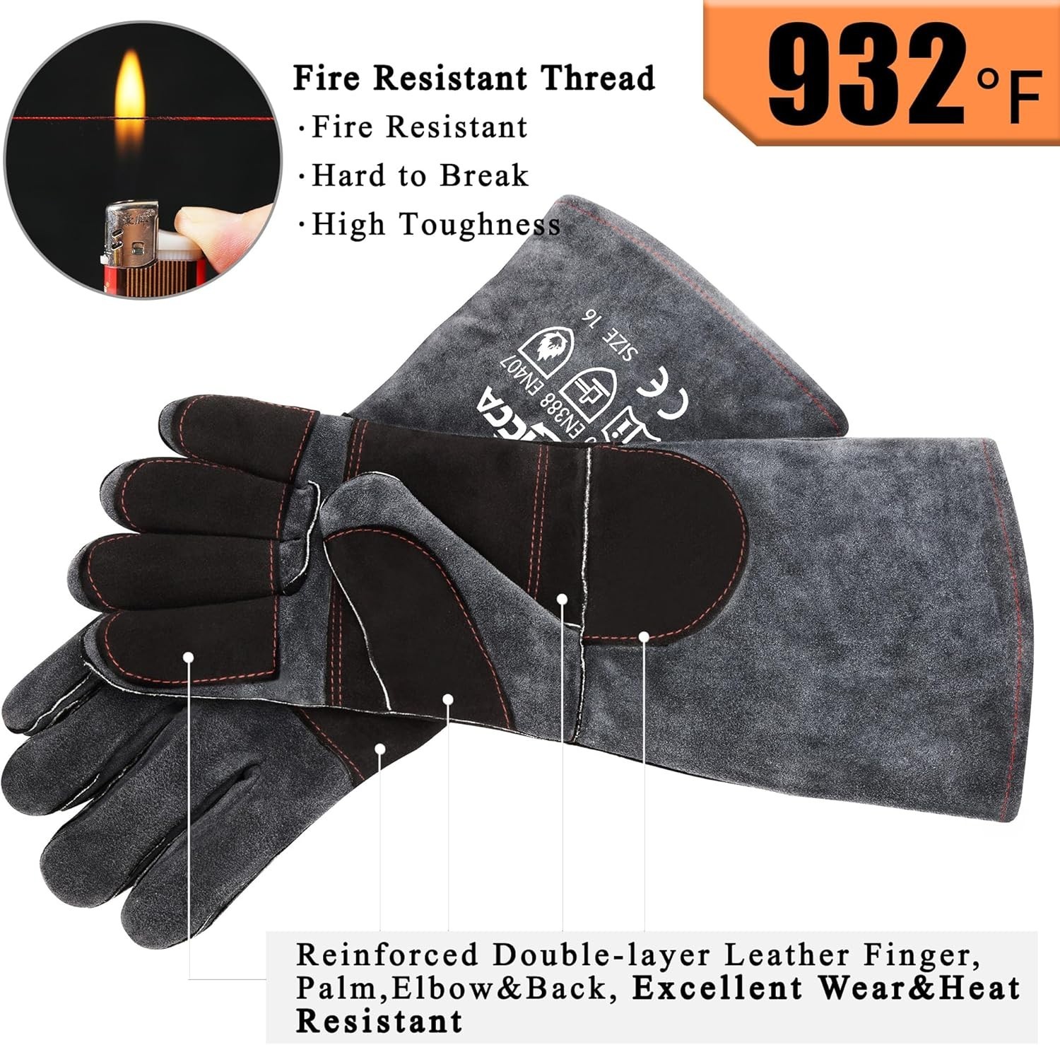 Fireplace Gloves Fire Heat Resistant: Dark-Grey 16IN 932℉ – Fireproof Leather fo
