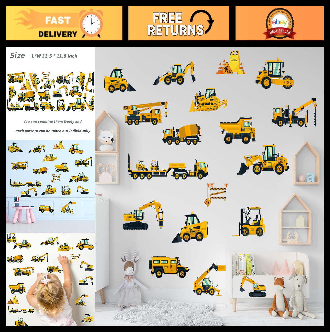 Construction Vehicles Wall Decals – Peel & Stick Removable Stickers for Kids’ Ro