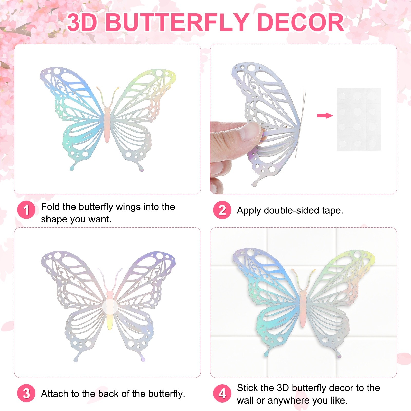 24 Pack 3D Butterflies Wall Stickers [Iridescent Laser, 3 Sizes]