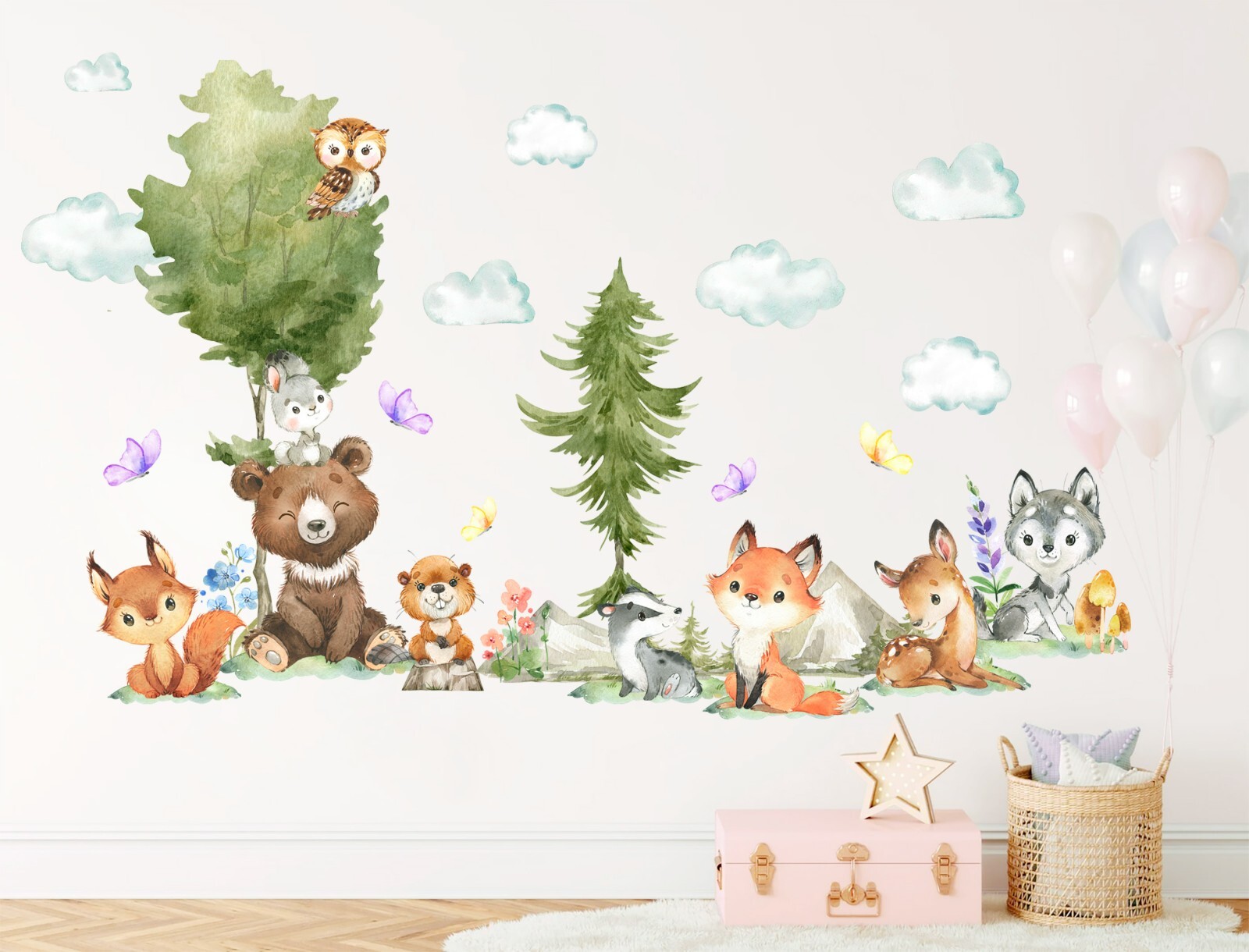 Baby Forest Animals Bear Deer wolf Tree Decoration Nursery Wall Decal Sticker
