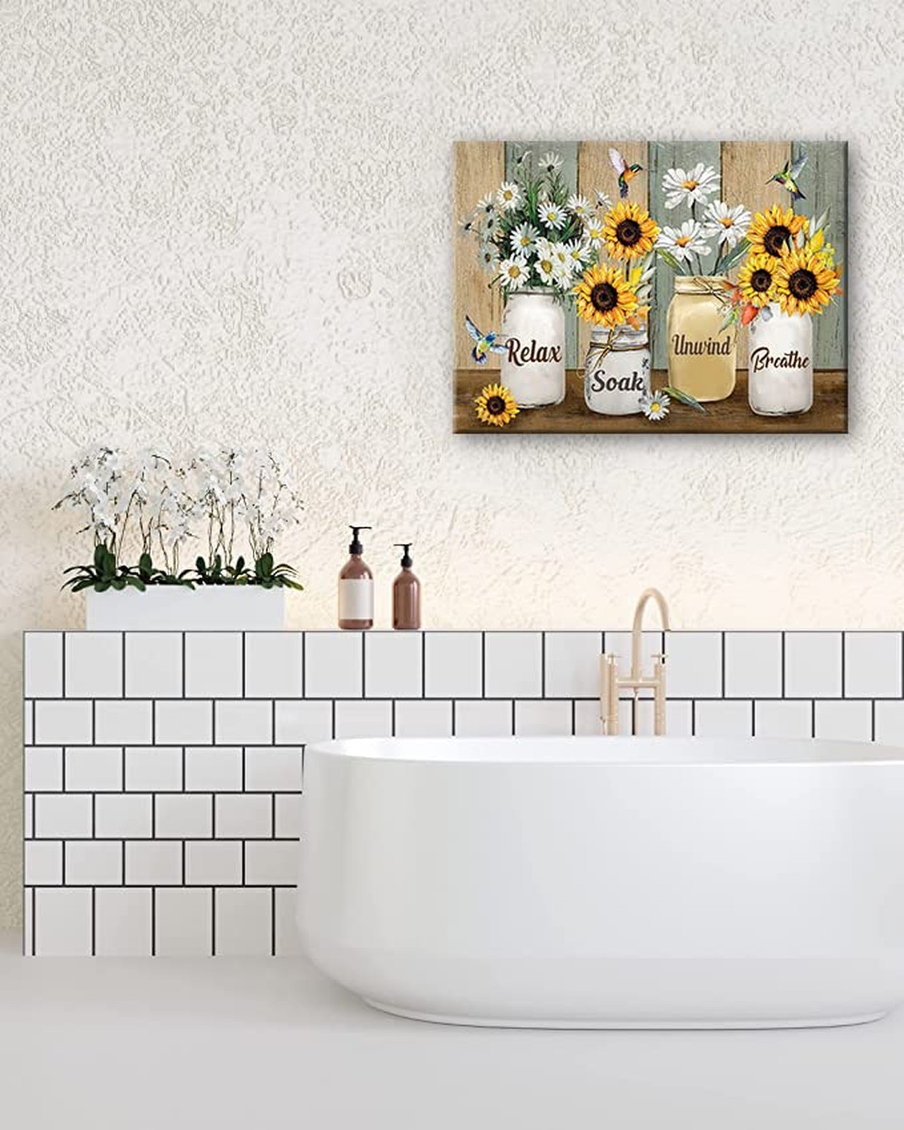 Farmhouse Sunflower Daisy Bathroom Decor Wall Art Rustic Hummingbird Yellow F…