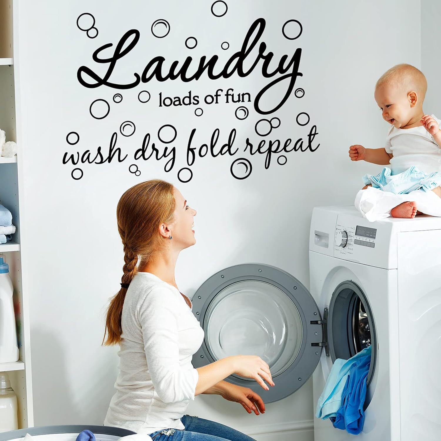 Laundry Room Vinyl Wall Decal Bubble Sticker Saying Loads of Black