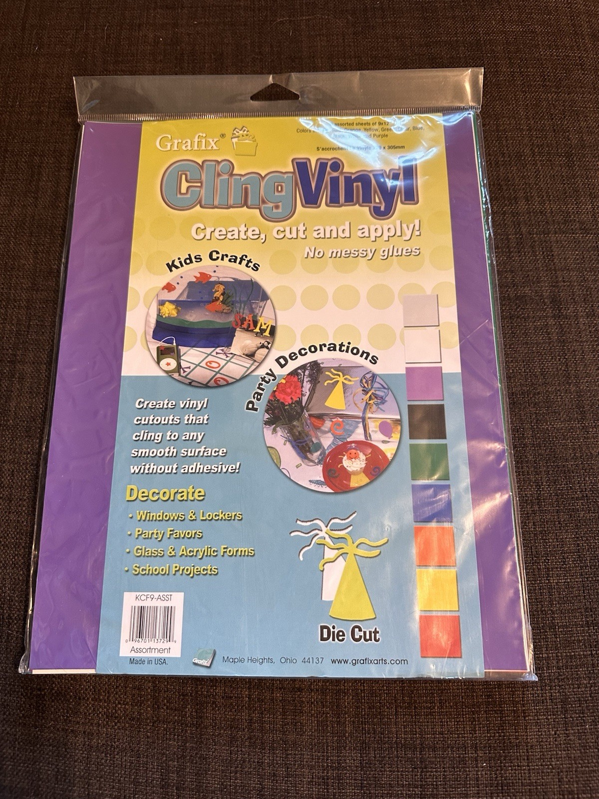 Grafix Cling Vinyl Assorted Colors 9 Sheets 9×12 Static Cling Window Clings NEW