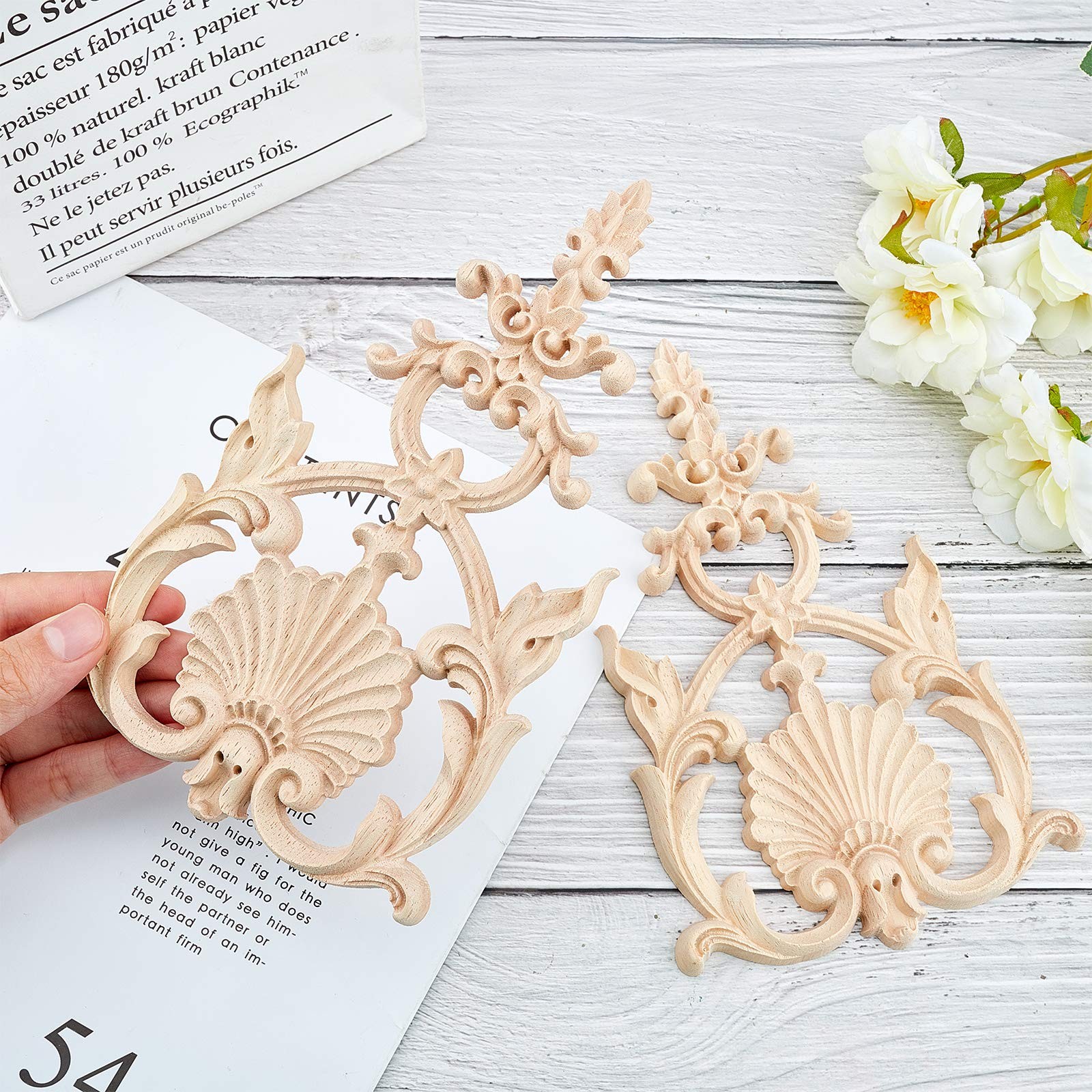 2PCS Carved Wood Appliques Onlays Wooden Decal Corner Frame 7.5×4.6inch Unpai…