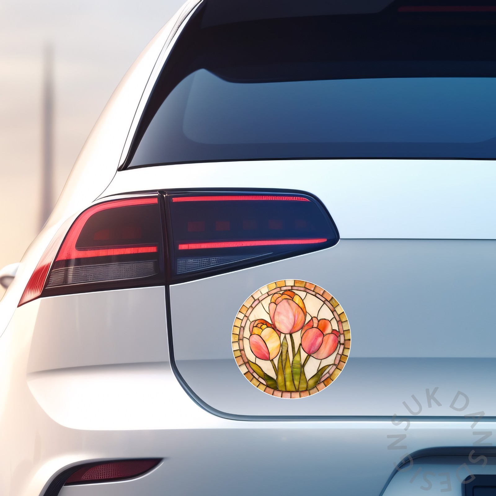 Pink Tulip Flowers Floral Spring Stained Glass Style Opaque Vinyl Sticker Decal