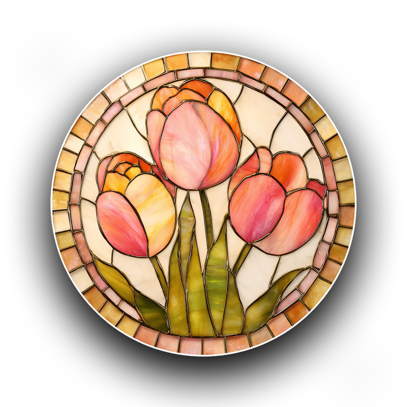 Pink Tulip Flowers Floral Spring Stained Glass Style Opaque Vinyl Sticker Decal