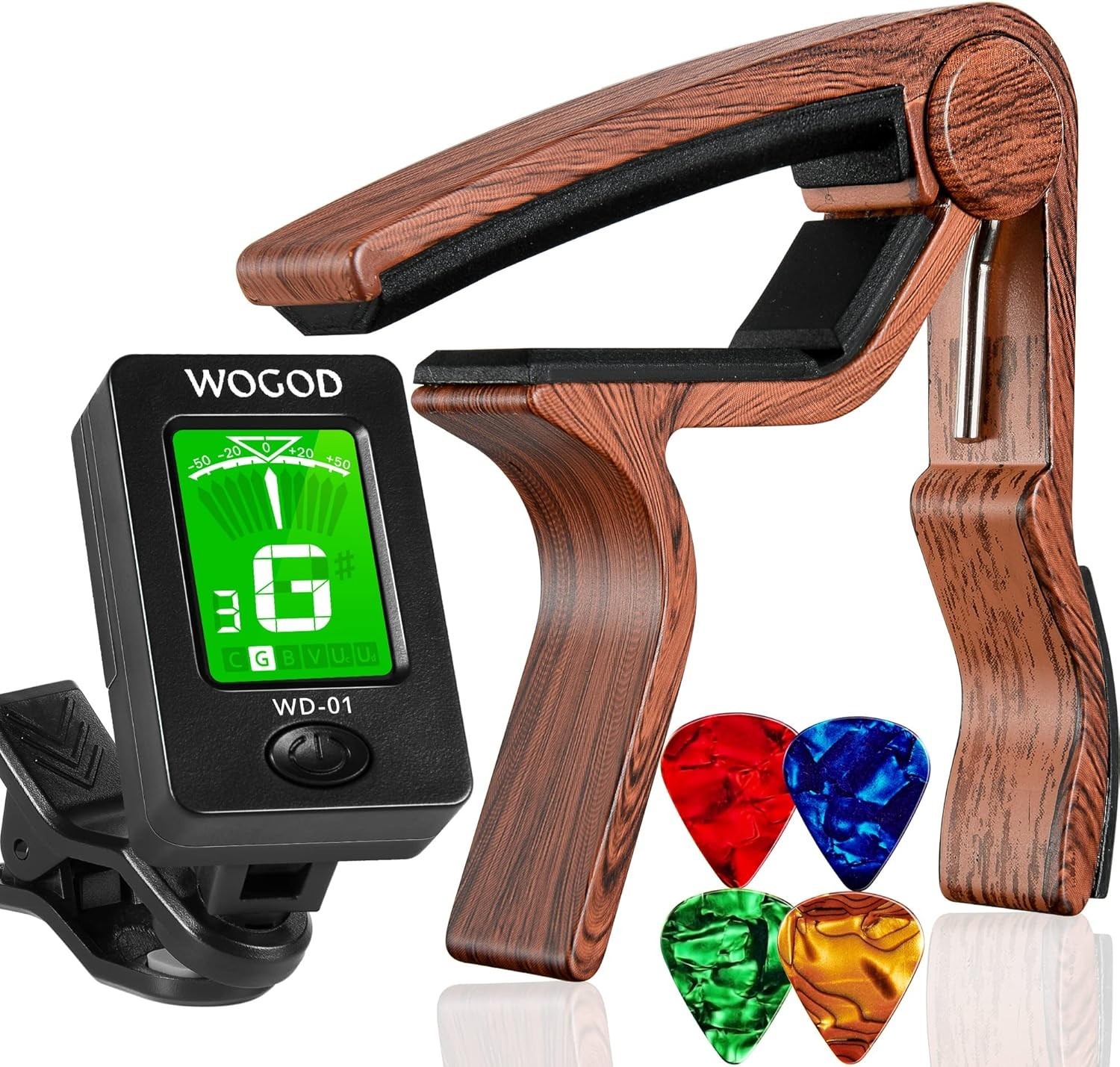 Afinador Guitarra y Capo Clip-On Color Palisandro para Acustica Electrica Bajo