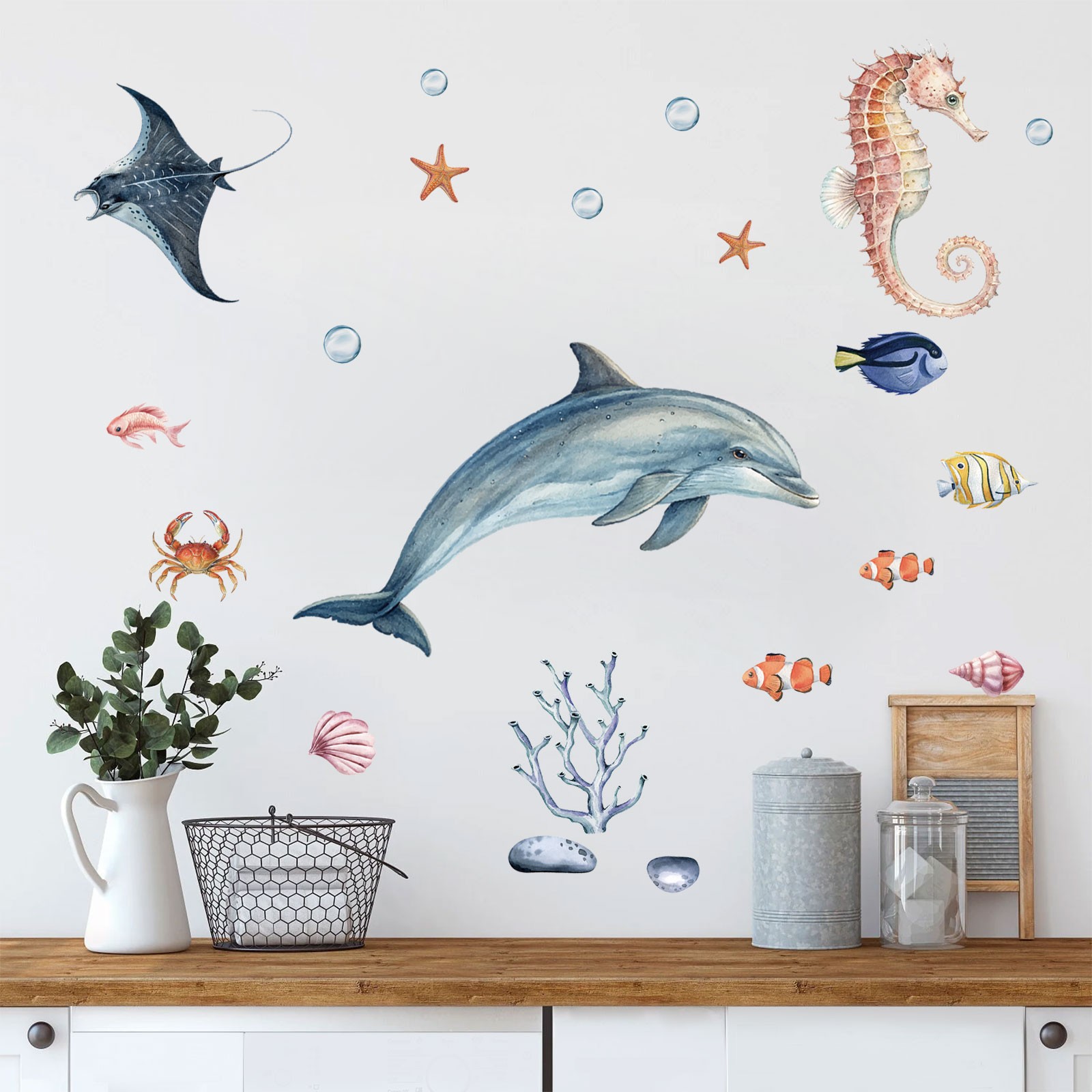 2PCS Marine Life Wall Decals Removable Ocean Stickers For Smooth Walls, Wardrobe