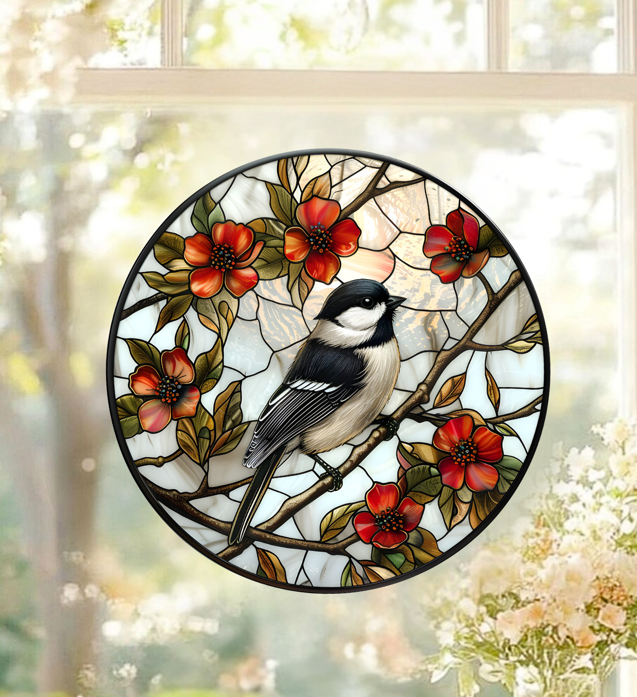 Chickadee Bird on Branch WINDOW CLING Size 8″ Round Repositionable Vinyl