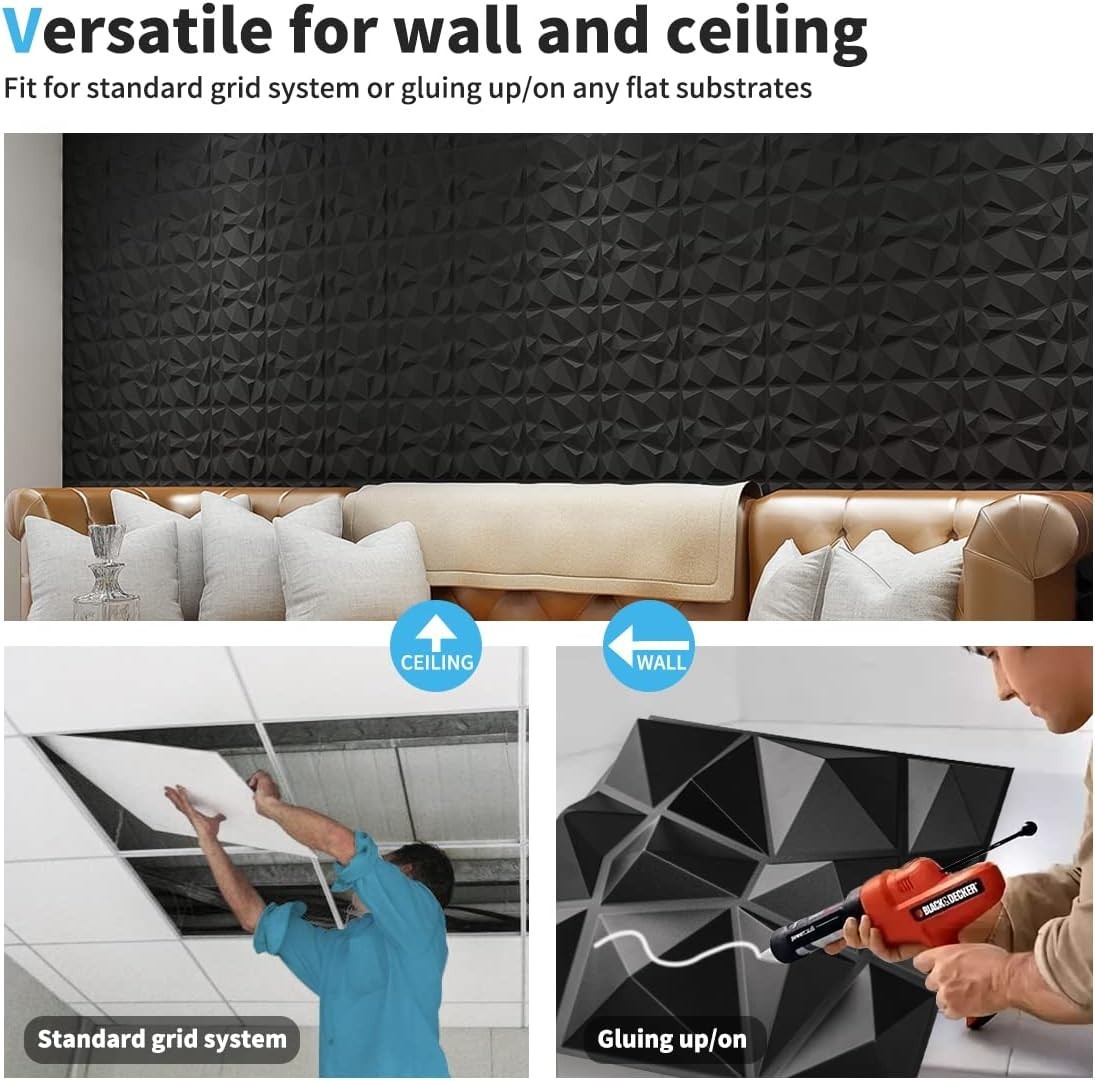Decorative 3D Wall Panels in Diamond Design, 12″x12″ Matt Black for Home and …