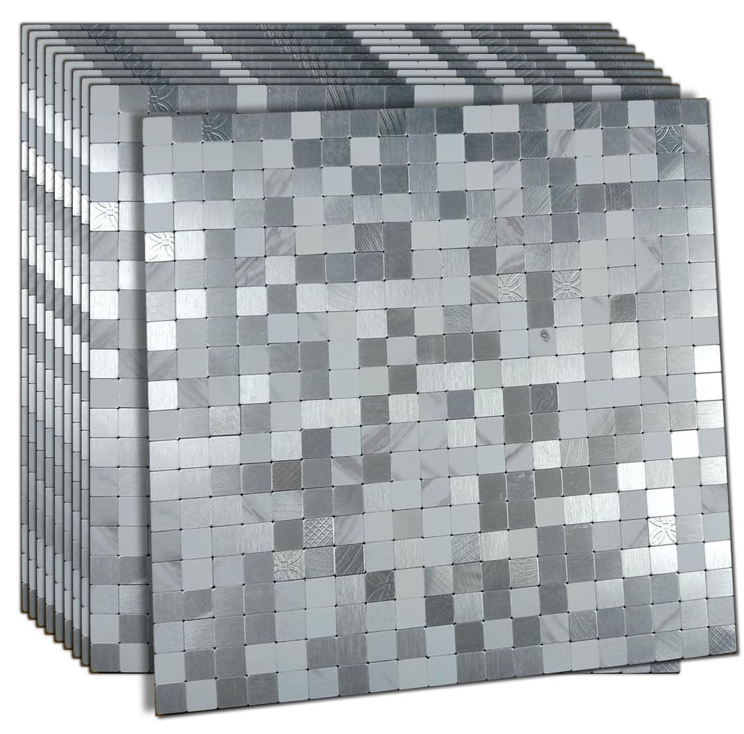 -Adhesive Metal Backsplash, Peel and Stick Tile for Kitchen Brushed Aluminium…