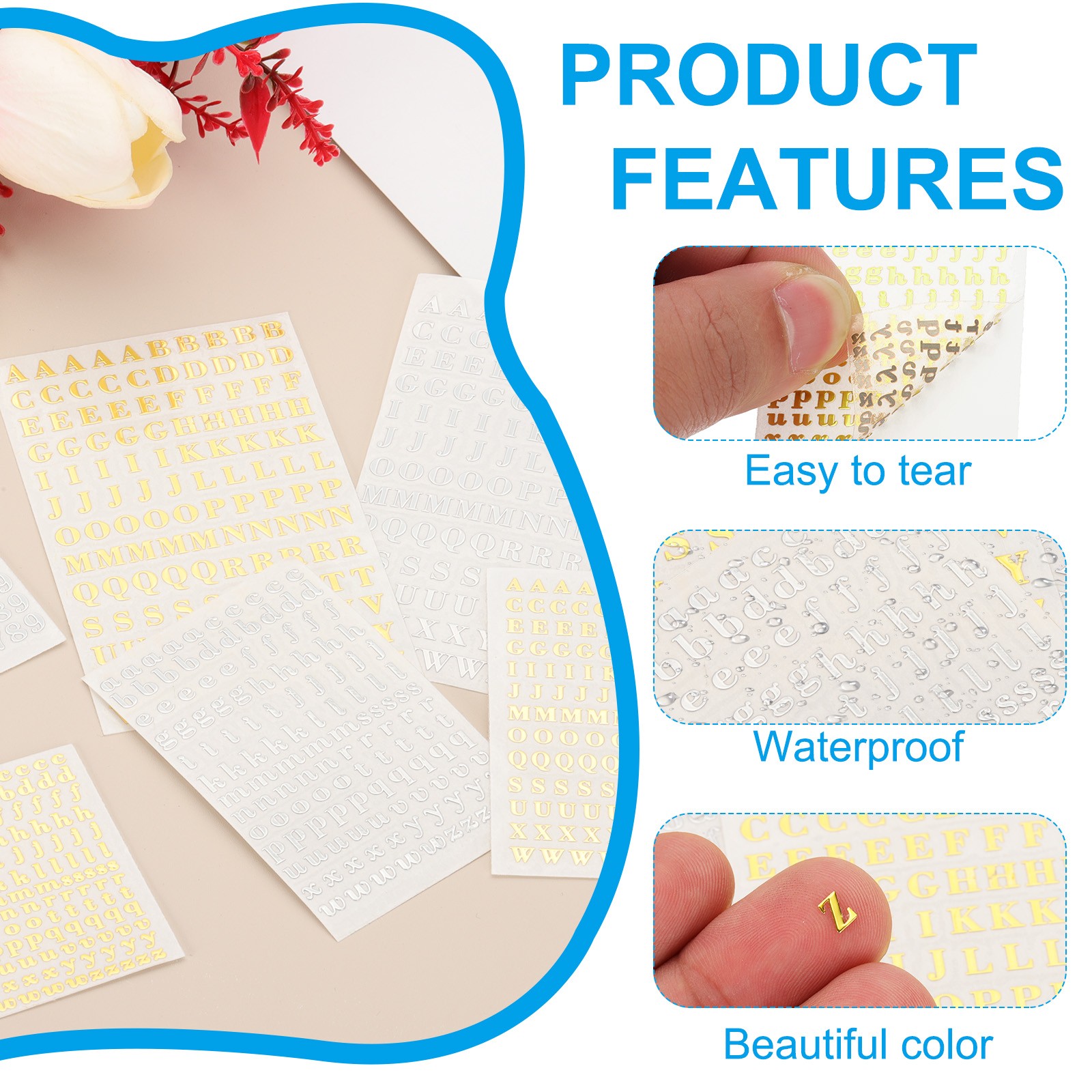 Glitter Letters Sticker 1040 Pcs 8 Sheets 0.12 Inch Self Adhesive Gold