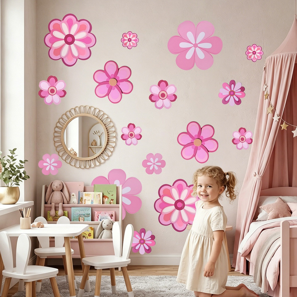 Floral Pink Wall Decals Set 16 Removable Vinyl Stickers for Room Decor