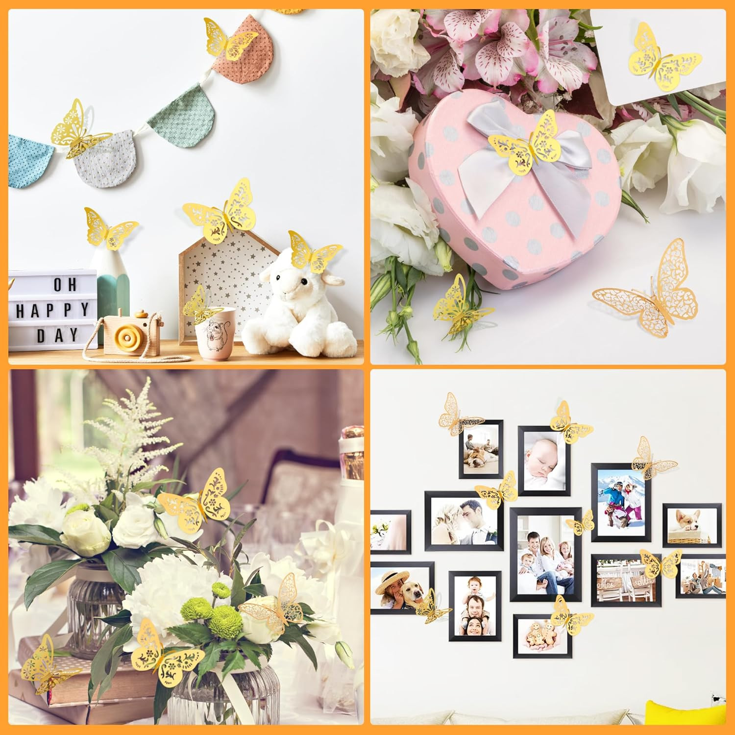 48 Pcs Gold 3D Butterfly Decorations, 4 Styles 3 Sizes, Butterfly Wall