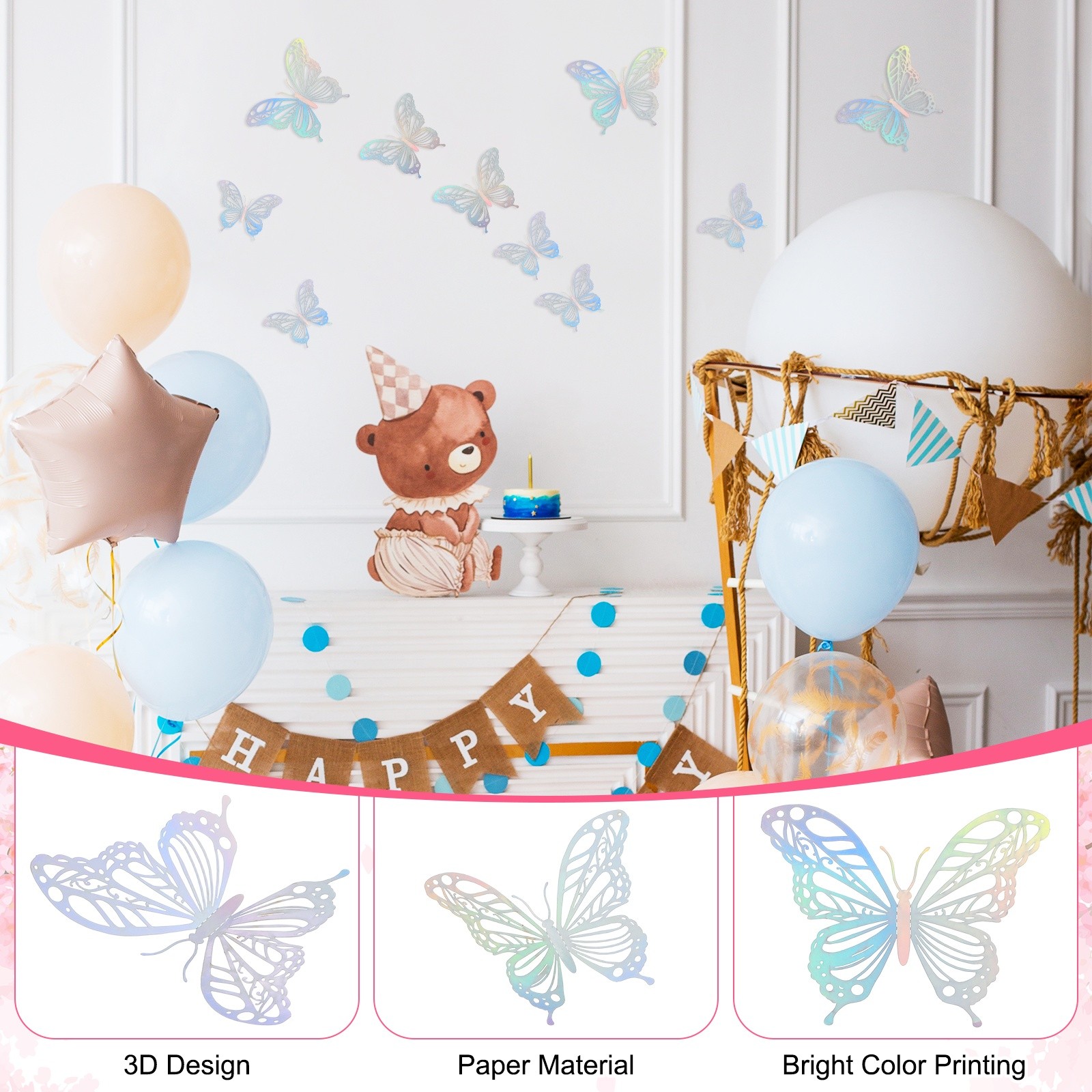 24 Pack 3D Butterflies Wall Stickers [Iridescent Laser, 3 Sizes]