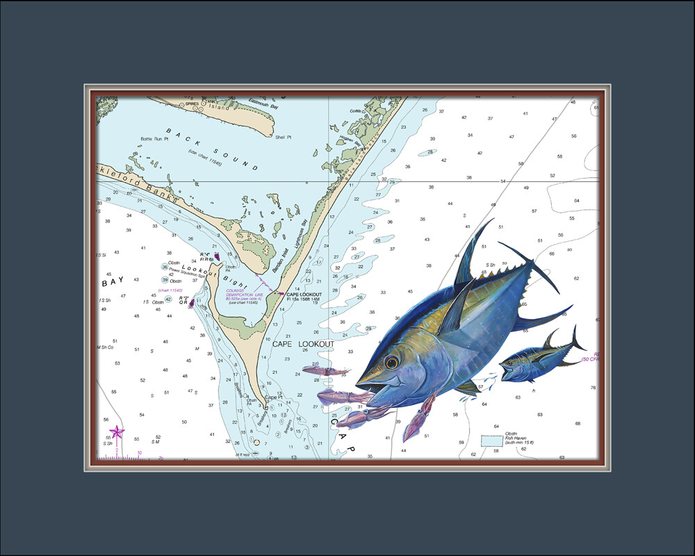 Cape Lookout, NC – Tuna eating Squid Nautical Chart High Quality Canvas Print