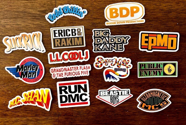 15 Old School Rap Logo Sticker Pack – Clear, Holographic, or White – Run DMC