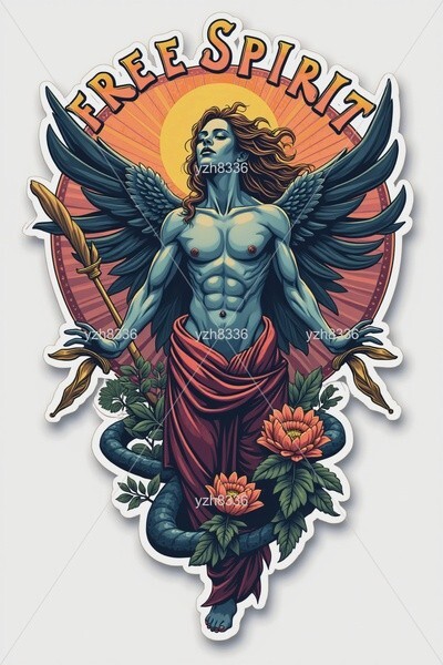Free Spirit Sticker – Majestic Winged Figure with Floral Accents and Radiant Sun