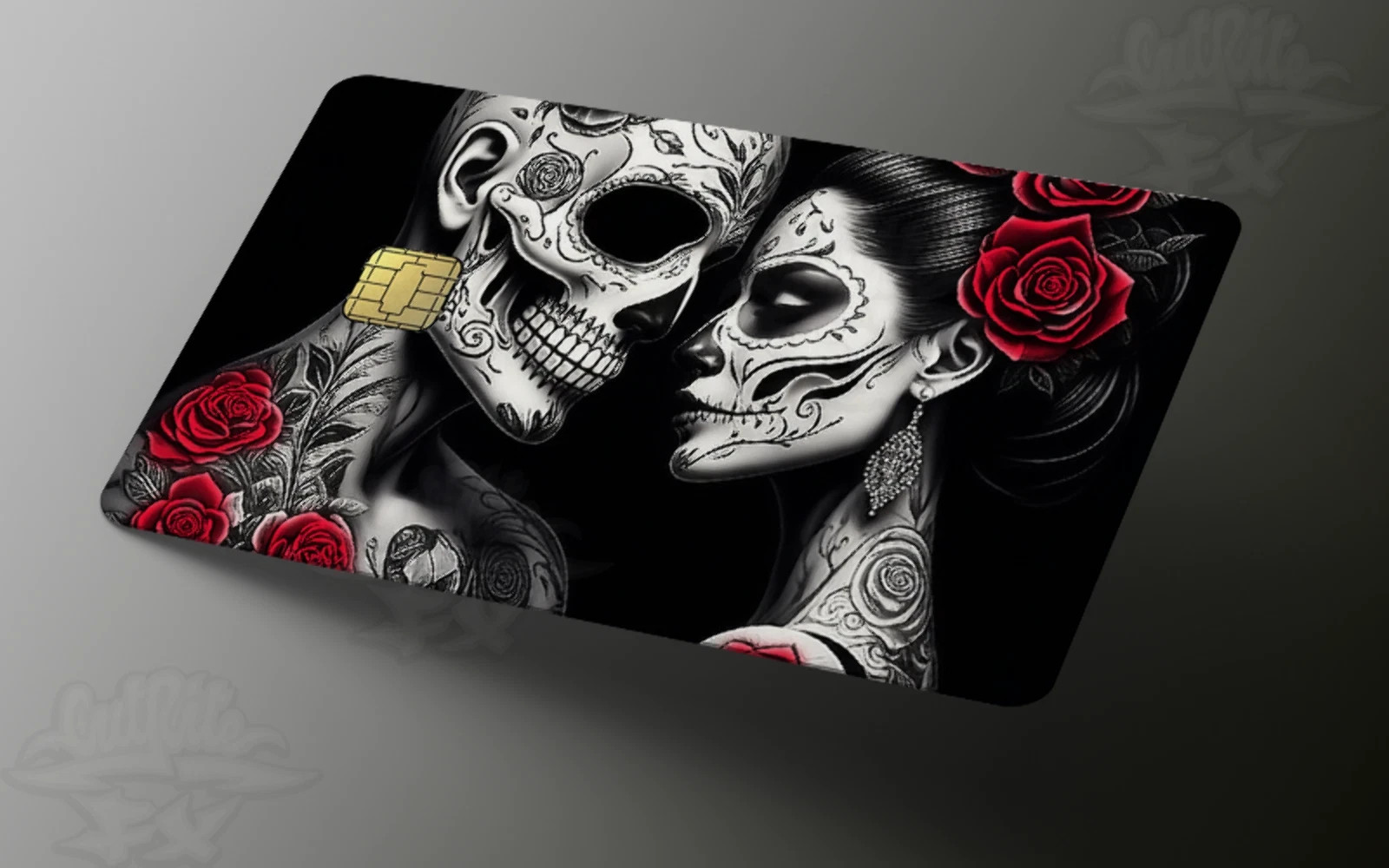 2 Pack Valentine’s Day Lovers Credit Card Skin Sugar Skull Rose Custom Name