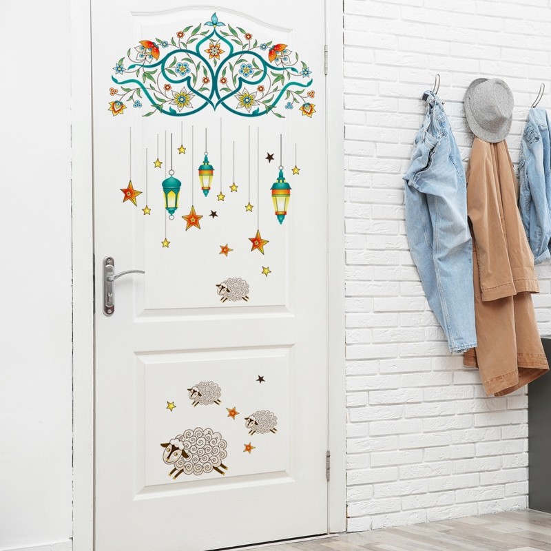 Eid Wall Stickers 2pcs/set Vintage Flower Vine Stars Lantern Window Decal
