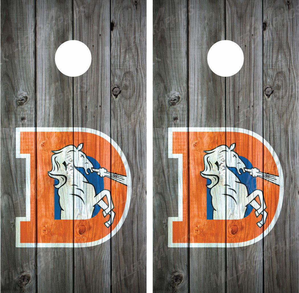 Denver Broncos Throwback (Grey) Distressed Wood Cornhole Board Decals Wraps Wrap
