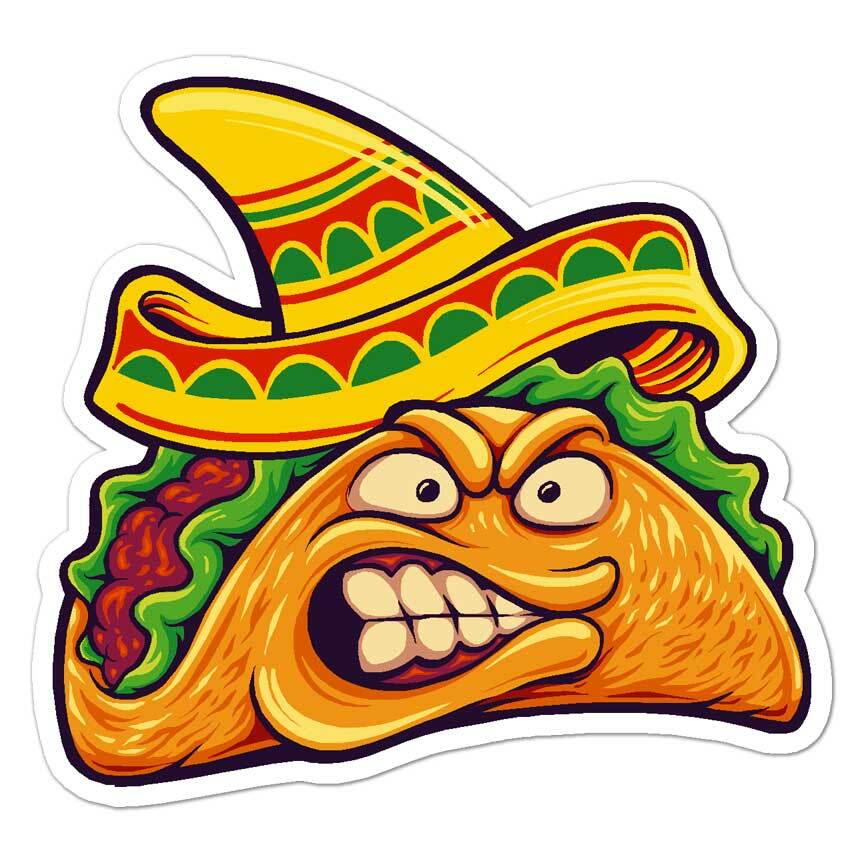 Angry Cartoon Taco, Vinyl Decal Sticker, Indoor Outdoor, 3 Sizes, #8167
