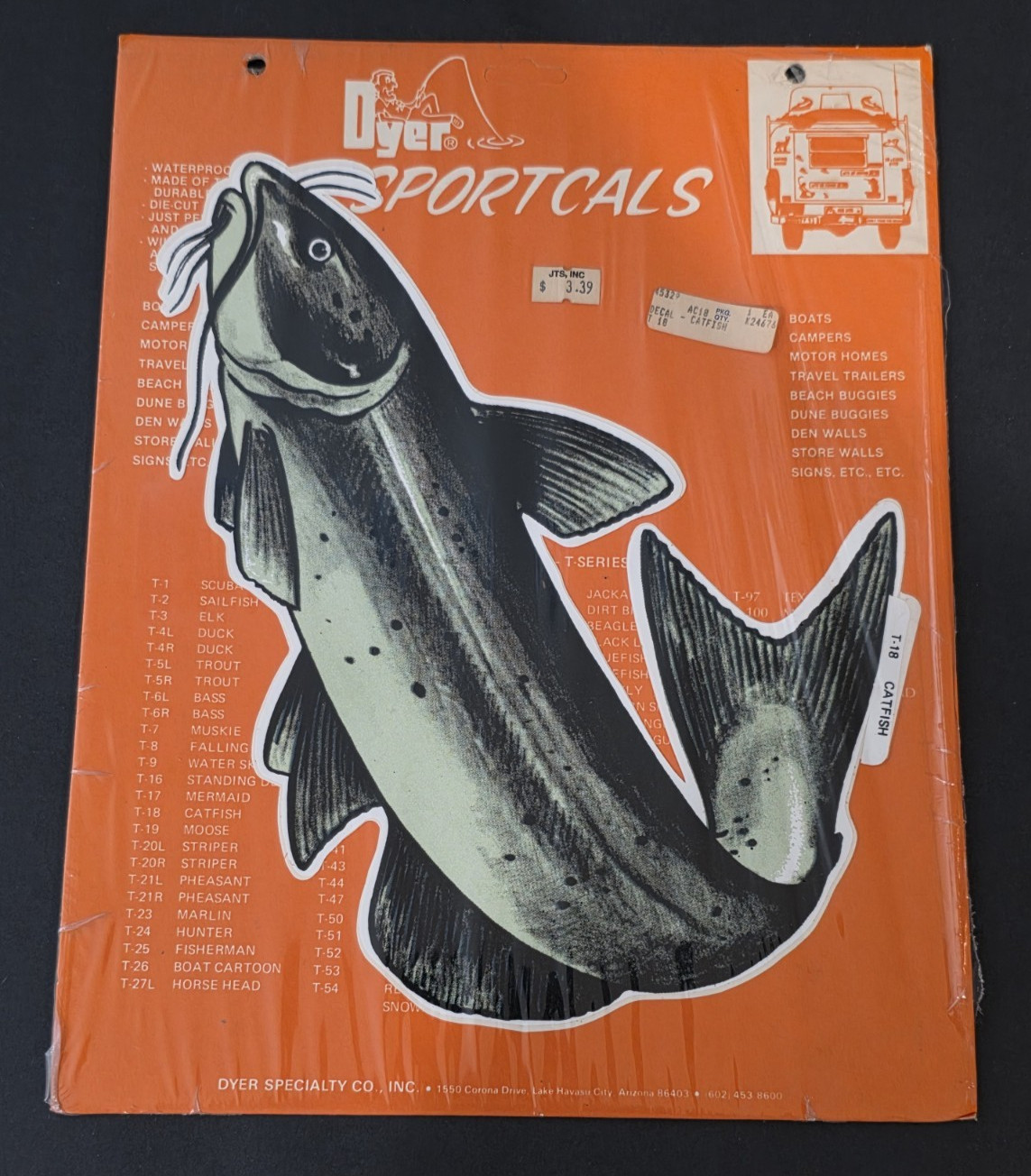 1960’s-70’s CATFISH DYER-SPORTCALS Original Vinyl Sticker-Decal-UNUSED-NOS