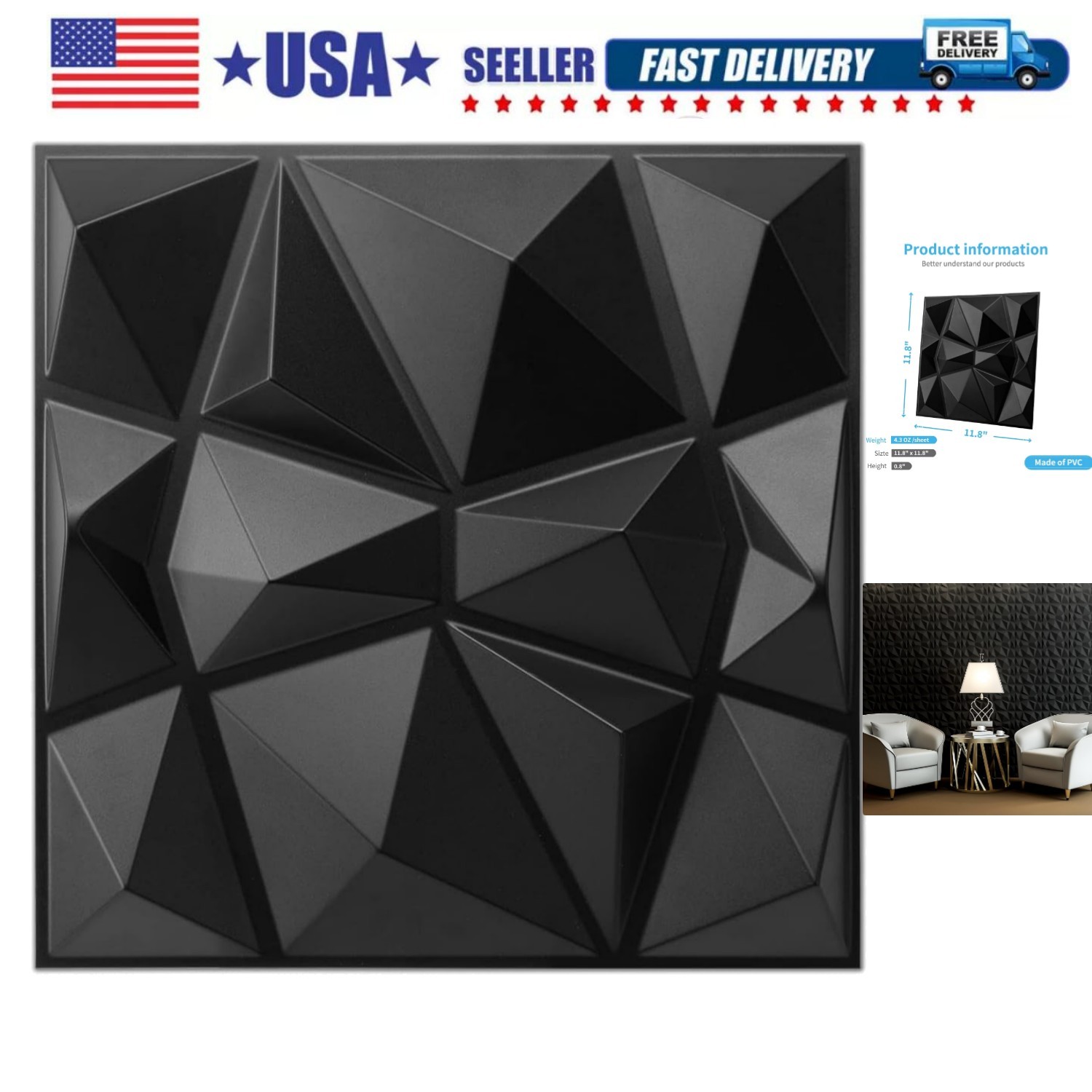Decorative 3D Wall Panels in Diamond Design, 12″x12″ Matt Black for Home and …
