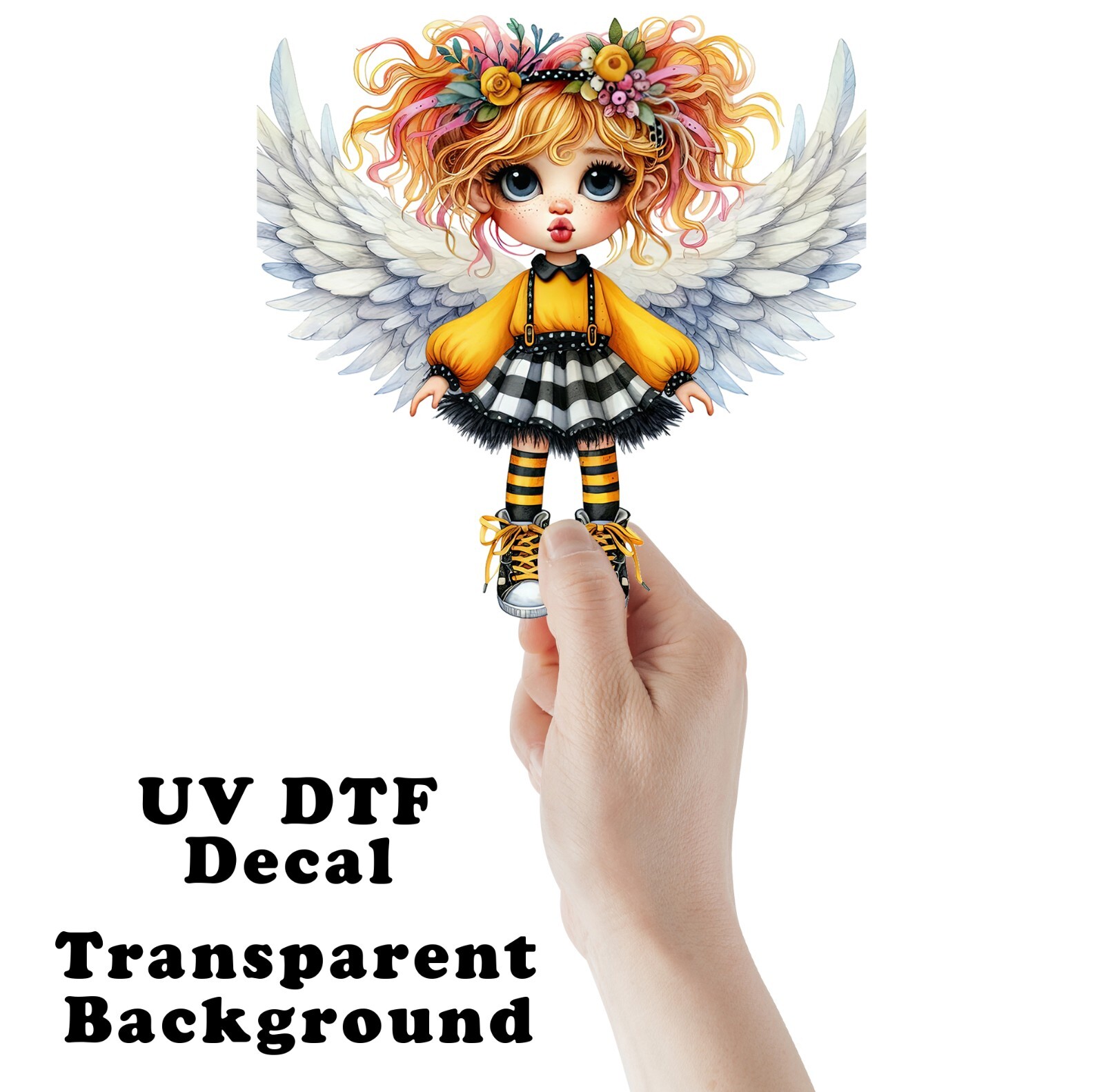 Black and Yellow Little Angel UV DTF Transparent Sticker / Decal