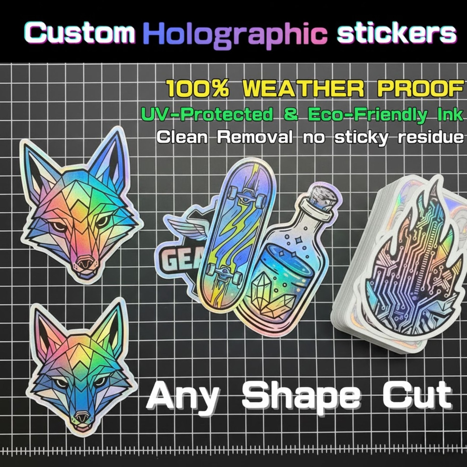 Custom Holographic Die Cut Sticker Decals Labels Logo Bulk Vinyl Waterproof UV