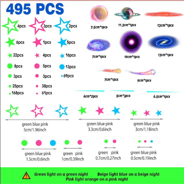 495 Pcs Glow in The Dark Moons and Stars Wall Decals for Ceiling,Glowing Planets