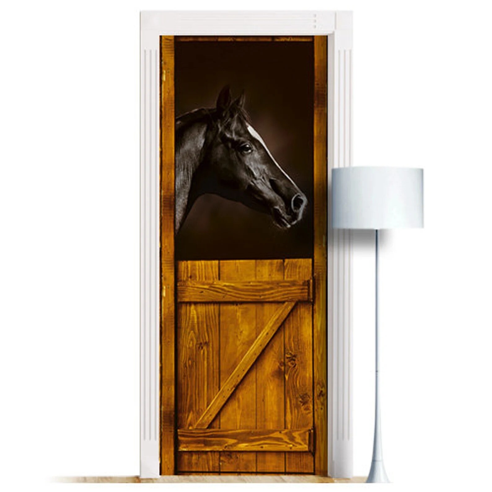 Black Horse In Stall Door Decal, Peel’n’Stick, Sticker, Cover, Mural. Laminated
