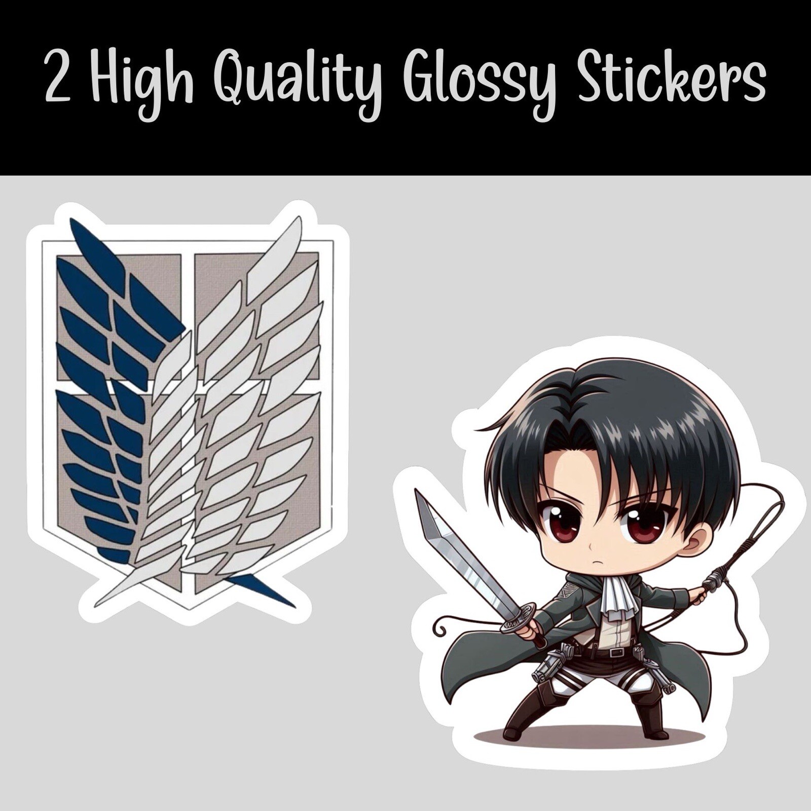2 Attack On Titan, AOT, Wings Of Freedom + Levi Ackerman Glossy Vinyl sticker