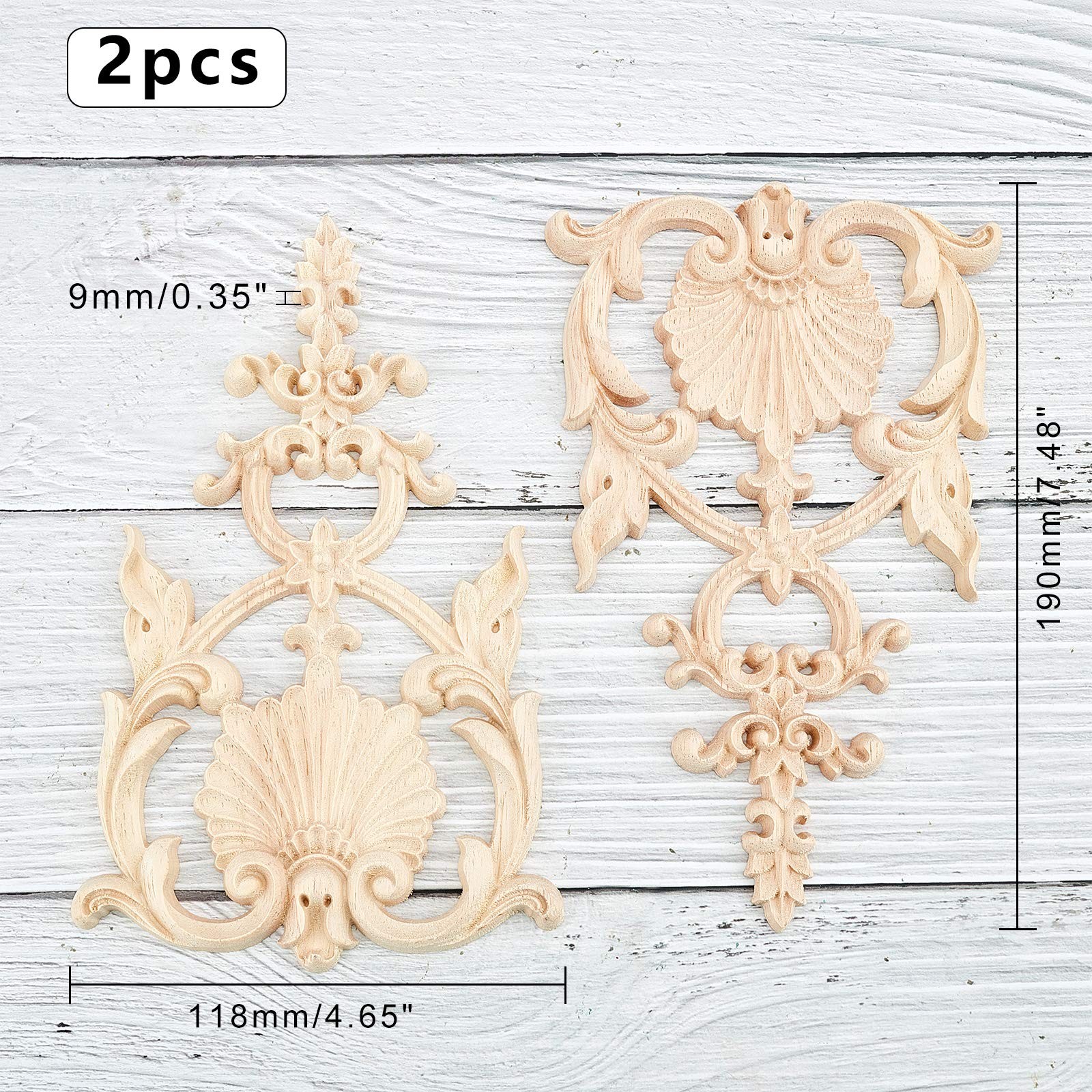 2PCS Carved Wood Appliques Onlays Wooden Decal Corner Frame 7.5×4.6inch Unpai…