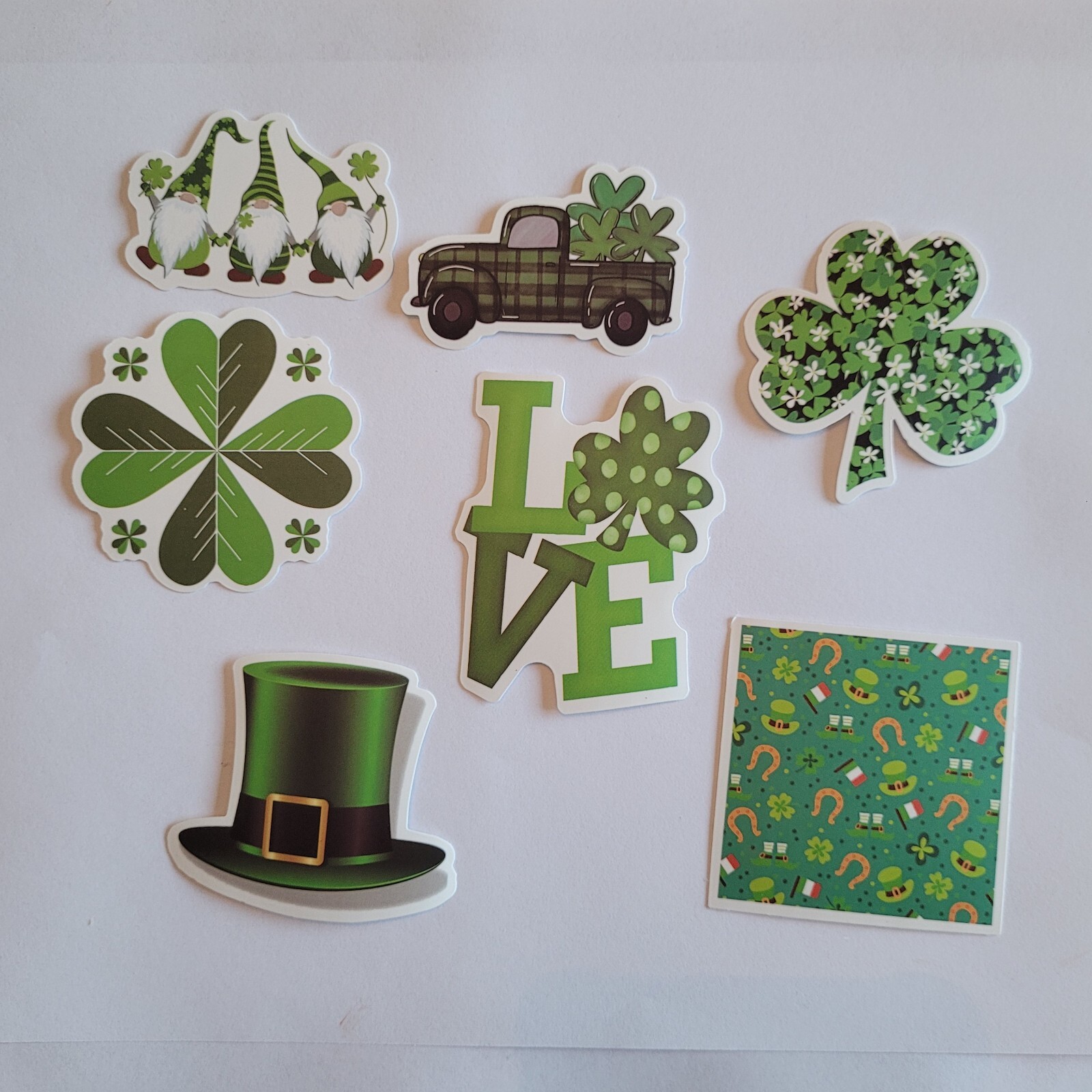 St. Patrick’s Day vinyl stickers set of 7 Lucky gnome shamrock truck love gold